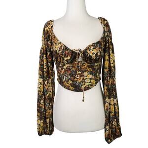 Urban Outfitters black and yellow mood floral milkmaid crop top S